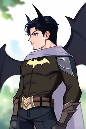 The animated version of Batman that belongs to the movie "Justice League x RWBY: Super Heroes & Huntsmen - Part 1" (He does have black hair, dark blue eyes, black pants, gray boots, gray metal knee pads, a gray breastplate with a black bat symbol on the front and underneath, a black long-sleeved t-shirt, black metal bat-shaped shoulder pads, gray armbands with 3 side blades on the sides, gloves blacks, a gray scarf, a gray utility belt and the age of 17), where Batman/Bruce Wayne is a "Bat Faunus" (Human being with two oversized black bat wings emerging from his back), in a landscape night.