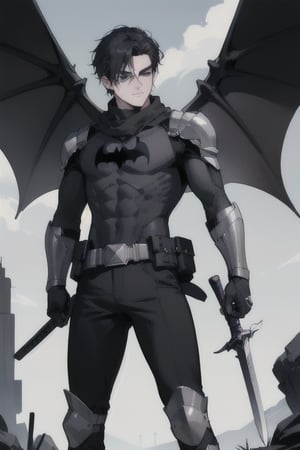 The animated version of Batman that belongs to the movie "Justice League x RWBY: Super Heroes & Huntsmen - Part 1" (He has black hair, dark blue eyes, black pants, gray boots with metal armor along them up to the knees, a gray breastplate with a black bat symbol on the chest and underneath, a black long-sleeved t-shirt, black metal bat-shaped shoulder pads, gray armbands with 3 side blades on the sides, black gloves, a gray scarf, a gray utility belt, 2 rapier type swords and the age of 17), where Batman/Bruce Wayne is a "Bat Faunus" (Human being with two huge black bat wings emerging from his back), in a landscape night with bats flying around.