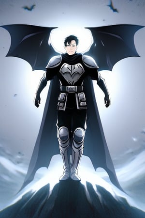 The animated version of Batman that belongs to the movie "Justice League x RWBY: Super Heroes & Huntsmen - Part 1" (He does have black hair, dark blue eyes, black pants, gray boots, gray metal knee pads, a gray breastplate with a black bat symbol on the front and underneath, a black long-sleeved t-shirt, black metal bat-shaped shoulder pads, gray armbands with 3 side blades on the sides, gloves blacks, a gray scarf, a gray utility belt and the age of 17), where Batman/Bruce Wayne is a "Bat Faunus" (Human being with two oversized black bat wings emerging from his back), in a landscape night with bats flying around.