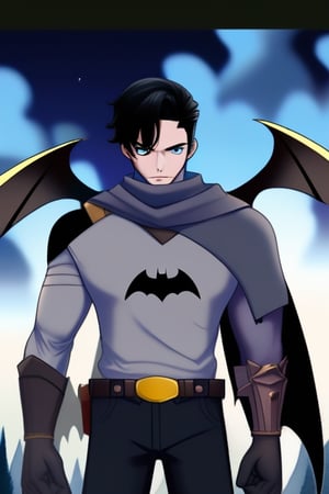 The animated version of Batman that belongs to the movie "Justice League x RWBY: Super Heroes & Huntsmen - Part 1" (He does have black hair, dark blue eyes, black pants, gray boots, gray metal knee pads, a gray breastplate with a black bat symbol on the front and underneath, a black long-sleeved t-shirt, black metal bat-shaped shoulder pads, gray armbands with 3 side blades on the sides, gloves blacks, a gray scarf, a gray utility belt and the age of 17), where Batman/Bruce Wayne is a "Bat Faunus" (Human being with two oversized black bat wings emerging from his back), in a landscape night.