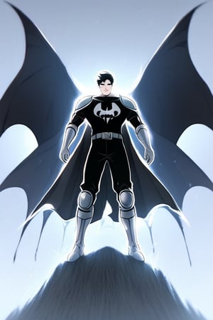 The animated version of Batman that belongs to the movie "Justice League x RWBY: Super Heroes & Huntsmen - Part 1" (He does have black hair, dark blue eyes, black pants, gray boots, gray metal knee pads, a gray breastplate with a black bat symbol on the front and underneath, a black long-sleeved t-shirt, black metal bat-shaped shoulder pads, gray armbands with 3 side blades on the sides, gloves blacks, a gray scarf, a gray utility belt and the age of 17), where Batman/Bruce Wayne is a "Bat Faunus" (Human being with two oversized black bat wings emerging from his back), in a landscape night with bats flying around.