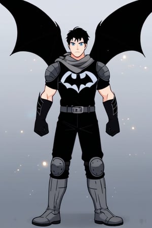 The animated version of Batman that belongs to the movie "Justice League x RWBY: Super Heroes & Huntsmen - Part 1" (He does have black hair, dark blue eyes, black pants, gray boots, gray metal knee pads, a gray breastplate with a black bat symbol on the front and underneath, a black long-sleeved t-shirt, black metal bat-shaped shoulder pads, gray armbands with 3 side blades on the sides, gloves blacks, a gray scarf, a gray utility belt and the age of 17), where Batman/Bruce Wayne is a "Bat Faunus" (Human being with two oversized black bat wings emerging from his back), in a landscape night with bats flying around.