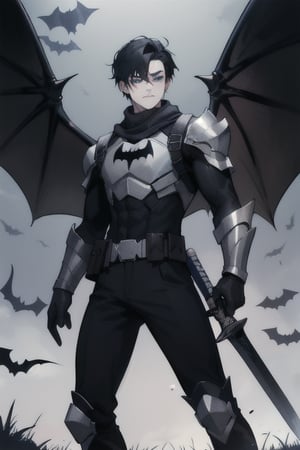 The animated version of Batman that belongs to the movie "Justice League x RWBY: Super Heroes & Huntsmen - Part 1" (He has black hair, dark blue eyes, black pants, gray boots with metal armor along them up to the knees, a gray breastplate with a black bat symbol on the chest and underneath, a black long-sleeved t-shirt, black metal bat-shaped shoulder pads, gray armbands with 3 side blades on the sides, black gloves, a gray scarf, a gray utility belt, 2 rapier type swords and the age of 17), where Batman/Bruce Wayne is a "Bat Faunus" (Human being with two huge black bat wings emerging from his back), in a landscape night with bats flying around.