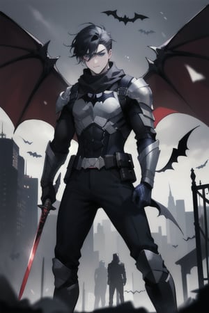 The animated version of Batman that belongs to the movie "Justice League x RWBY: Super Heroes & Huntsmen - Part 1" (He has black hair, dark blue eyes, black pants, gray boots with metal armor along them up to the knees, a gray breastplate with a black bat symbol on the chest and underneath, a black long-sleeved t-shirt, black metal bat-shaped shoulder pads, gray armbands with 3 side blades on the sides, black gloves, a gray scarf, a gray utility belt, 2 rapier type swords and the age of 17), where Batman/Bruce Wayne is a "Bat Faunus" (Human being with two huge black bat wings emerging from his back), in a landscape night with bats flying around.