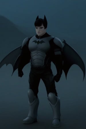 The animated version of Batman that belongs to the movie "Justice League x RWBY: Super Heroes & Huntsmen - Part 1" (He does have black hair, dark blue eyes, black pants, gray boots, gray metal knee pads, a gray breastplate with a black bat symbol on the front and underneath, a black long-sleeved t-shirt, black metal bat-shaped shoulder pads, gray armbands with 3 side blades on the sides, gloves blacks, a gray scarf, a gray utility belt and the age of 17), where Batman/Bruce Wayne is a "Bat Faunus" (Human being with two oversized black bat wings emerging from his back), in a landscape night.,Movie Still