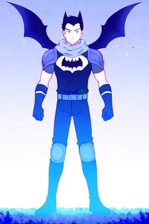 The animated version of Batman that belongs to the movie "Justice League x RWBY: Super Heroes & Huntsmen - Part 1" (He does have black hair, dark blue eyes, black pants, gray boots, gray metal knee pads, a gray breastplate with a black bat symbol on the front and underneath, a black long-sleeved t-shirt, black metal bat-shaped shoulder pads, gray armbands with 3 side blades on the sides, gloves blacks, a gray scarf, a gray utility belt and the age of 17), where Batman/Bruce Wayne is a "Bat Faunus" (Human being with two oversized black bat wings emerging from his back), in a landscape night.