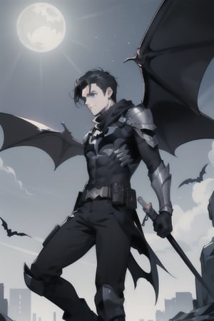 The animated version of Batman that belongs to the movie "Justice League x RWBY: Super Heroes & Huntsmen - Part 1" (He has black hair, dark blue eyes, black pants, gray boots with metal armor along them up to the knees, a gray breastplate with a black bat symbol on the chest and underneath, a black long-sleeved t-shirt, black metal bat-shaped shoulder pads, gray armbands with 3 side blades on the sides, black gloves, a gray scarf, a gray utility belt, 2 rapier type swords and the age of 17), where Batman/Bruce Wayne is a "Bat Faunus" (Human being with two huge black bat wings emerging from his back), in a landscape night with bats flying around.