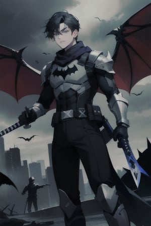 The animated version of Batman that belongs to the movie "Justice League x RWBY: Super Heroes & Huntsmen - Part 1" (He has black hair, dark blue eyes, black pants, gray boots with metal armor along them up to the knees, a gray breastplate with a black bat symbol on the chest and underneath, a black long-sleeved t-shirt, black metal bat-shaped shoulder pads, gray armbands with 3 side blades on the sides, black gloves, a gray scarf, a gray utility belt, 2 rapier type swords and the age of 17), where Batman/Bruce Wayne is a "Bat Faunus" (Human being with two huge black bat wings emerging from his back), in a landscape night with bats flying around.,green theme