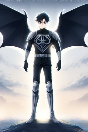 The animated version of Batman that belongs to the movie "Justice League x RWBY: Super Heroes & Huntsmen - Part 1" (He does have black hair, dark blue eyes, black pants, gray boots, gray metal knee pads, a gray breastplate with a black bat symbol on the front and underneath, a black long-sleeved t-shirt, black metal bat-shaped shoulder pads, gray armbands with 3 side blades on the sides, gloves blacks, a gray scarf, a gray utility belt and the age of 17), where Batman/Bruce Wayne is a "Bat Faunus" (Human being with two oversized black bat wings emerging from his back), in a landscape night with bats flying around.