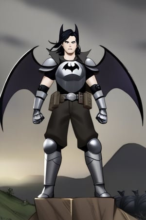 The animated version of Batman that belongs to the movie "Justice League x RWBY: Super Heroes & Huntsmen - Part 1" (He does have black hair, dark blue eyes, black pants, gray boots, gray metal knee pads, a gray breastplate with a black bat symbol on the front and underneath, a black long-sleeved t-shirt, black metal bat-shaped shoulder pads, gray armbands with 3 side blades on the sides, gloves blacks, a gray scarf, a gray utility belt and the age of 17), where Batman/Bruce Wayne is a "Bat Faunus" (Human being with two oversized black bat wings emerging from his back), in a landscape night.