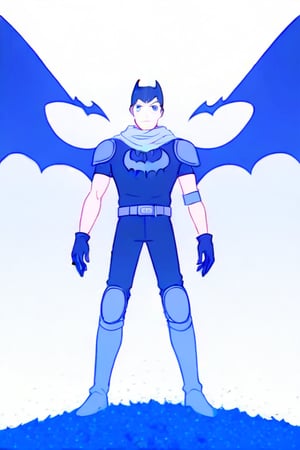 The animated version of Batman that belongs to the movie "Justice League x RWBY: Super Heroes & Huntsmen - Part 1" (He does have black hair, dark blue eyes, black pants, gray boots, gray metal knee pads, a gray breastplate with a black bat symbol on the front and underneath, a black long-sleeved t-shirt, black metal bat-shaped shoulder pads, gray armbands with 3 side blades on the sides, gloves blacks, a gray scarf, a gray utility belt and the age of 17), where Batman/Bruce Wayne is a "Bat Faunus" (Human being with two oversized black bat wings emerging from his back), in a landscape night.