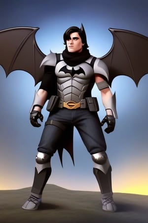 The animated version of Batman that belongs to the movie "Justice League x RWBY: Super Heroes & Huntsmen - Part 1" (He does have black hair, dark blue eyes, black pants, gray boots, gray metal knee pads, a gray breastplate with a black bat symbol on the front and underneath, a black long-sleeved t-shirt, black metal bat-shaped shoulder pads, gray armbands with 3 side blades on the sides, gloves blacks, a gray scarf, a gray utility belt and the age of 17), where Batman/Bruce Wayne is a "Bat Faunus" (Human being with two oversized black bat wings emerging from his back), in a landscape night.