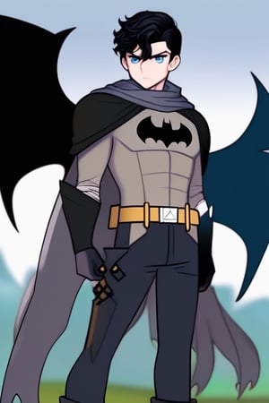 The animated version of Batman that belongs to the movie "Justice League x RWBY: Super Heroes & Huntsmen - Part 1" (He does have black hair, dark blue eyes, black pants, gray boots, gray metal knee pads, a gray breastplate with a black bat symbol on the front and underneath, a black long-sleeved t-shirt, black metal bat-shaped shoulder pads, gray armbands with 3 side blades on the sides, gloves blacks, a gray scarf, a gray utility belt and the age of 17), where Batman/Bruce Wayne is a "Bat Faunus" (Human being with two oversized black bat wings emerging from his back), in a landscape night.