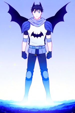 The animated version of Batman that belongs to the movie "Justice League x RWBY: Super Heroes & Huntsmen - Part 1" (He does have black hair, dark blue eyes, black pants, gray boots, gray metal knee pads, a gray breastplate with a black bat symbol on the front and underneath, a black long-sleeved t-shirt, black metal bat-shaped shoulder pads, gray armbands with 3 side blades on the sides, gloves blacks, a gray scarf, a gray utility belt and the age of 17), where Batman/Bruce Wayne is a "Bat Faunus" (Human being with two oversized black bat wings emerging from his back), in a landscape night.