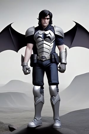 The animated version of Batman that belongs to the movie "Justice League x RWBY: Super Heroes & Huntsmen - Part 1" (He does have black hair, dark blue eyes, black pants, gray boots, gray metal knee pads, a gray breastplate with a black bat symbol on the front and underneath, a black long-sleeved t-shirt, black metal bat-shaped shoulder pads, gray armbands with 3 side blades on the sides, gloves blacks, a gray scarf, a gray utility belt and the age of 17), where Batman/Bruce Wayne is a "Bat Faunus" (Human being with two oversized black bat wings emerging from his back), in a landscape night.