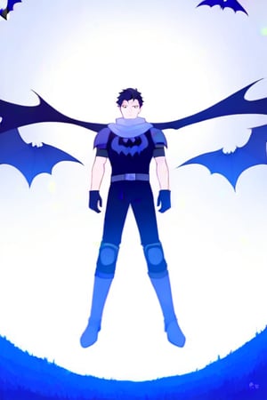 The animated version of Batman that belongs to the movie "Justice League x RWBY: Super Heroes & Huntsmen - Part 1" (He does have black hair, dark blue eyes, black pants, gray boots, gray metal knee pads, a gray breastplate with a black bat symbol on the front and underneath, a black long-sleeved t-shirt, black metal bat-shaped shoulder pads, gray armbands with 3 side blades on the sides, gloves blacks, a gray scarf, a gray utility belt and the age of 17), where Batman/Bruce Wayne is a "Bat Faunus" (Human being with two oversized black bat wings emerging from his back), in a landscape night.