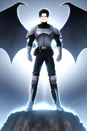 The animated version of Batman that belongs to the movie "Justice League x RWBY: Super Heroes & Huntsmen - Part 1" (He does have black hair, dark blue eyes, black pants, gray boots, gray metal knee pads, a gray breastplate with a black bat symbol on the front and underneath, a black long-sleeved t-shirt, black metal bat-shaped shoulder pads, gray armbands with 3 side blades on the sides, gloves blacks, a gray scarf, a gray utility belt and the age of 17), where Batman/Bruce Wayne is a "Bat Faunus" (Human being with two oversized black bat wings emerging from his back), in a landscape night with bats flying around.