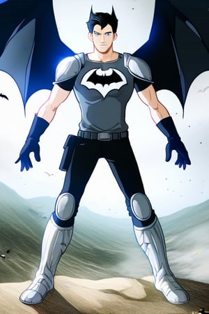 The animated version of Batman that belongs to the movie "Justice League x RWBY: Super Heroes & Huntsmen - Part 1" (He does have black hair, dark blue eyes, black pants, gray boots, gray metal knee pads, a gray breastplate with a black bat symbol on the front and underneath, a black long-sleeved t-shirt, black metal bat-shaped shoulder pads, gray armbands with 3 side blades on the sides, gloves blacks, a gray scarf, a gray utility belt and the age of 17), where Batman/Bruce Wayne is a "Bat Faunus" (Human being with two oversized black bat wings emerging from his back), in a landscape night with bats flying around.