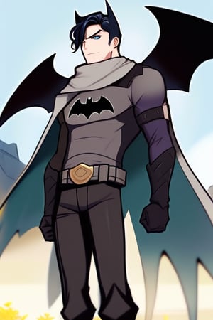 The animated version of Batman that belongs to the movie "Justice League x RWBY: Super Heroes & Huntsmen - Part 1" (He does have black hair, dark blue eyes, black pants, gray boots, gray metal knee pads, a gray breastplate with a black bat symbol on the front and underneath, a black long-sleeved t-shirt, black metal bat-shaped shoulder pads, gray armbands with 3 side blades on the sides, gloves blacks, a gray scarf, a gray utility belt and the age of 17), where Batman/Bruce Wayne is a "Bat Faunus" (Human being with two oversized black bat wings emerging from his back), in a landscape night.