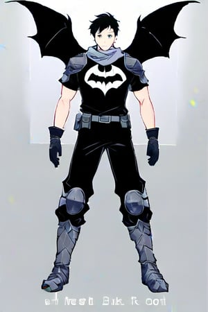 The animated version of Batman that belongs to the movie "Justice League x RWBY: Super Heroes & Huntsmen - Part 1" (He does have black hair, dark blue eyes, black pants, gray boots, gray metal knee pads, a gray breastplate with a black bat symbol on the front and underneath, a black long-sleeved t-shirt, black metal bat-shaped shoulder pads, gray armbands with 3 side blades on the sides, gloves blacks, a gray scarf, a gray utility belt and the age of 17), where Batman/Bruce Wayne is a "Bat Faunus" (Human being with two oversized black bat wings emerging from his back), in a landscape night with bats flying around.