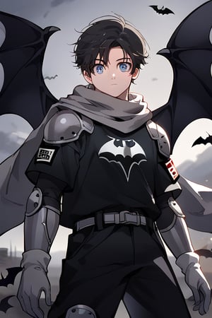 The animated version of Batman that belongs to the movie "Justice League x RWBY: Super Heroes & Huntsmen - Part 1" (He does have black hair, dark blue eyes, black pants, gray boots, gray metal knee pads, a gray breastplate with a black bat symbol on the front and underneath, a black long-sleeved t-shirt, black metal bat-shaped shoulder pads, gray armbands with 3 side blades on the sides, gloves blacks, a gray scarf, a gray utility belt and the age of 17), where Batman/Bruce Wayne is a "Bat Faunus" (Human being with two oversized black bat wings emerging from his back), in a landscape night with bats flying around.,nagi_eichirou