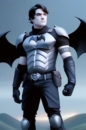 The animated version of Batman that belongs to the movie "Justice League x RWBY: Super Heroes & Huntsmen - Part 1" (He does have black hair, dark blue eyes, black pants, gray boots, gray metal knee pads, a gray breastplate with a black bat symbol on the front and underneath, a black long-sleeved t-shirt, black metal bat-shaped shoulder pads, gray armbands with 3 side blades on the sides, gloves blacks, a gray scarf, a gray utility belt and the age of 17), where Batman/Bruce Wayne is a "Bat Faunus" (Human being with two oversized black bat wings emerging from his back), in a landscape night.