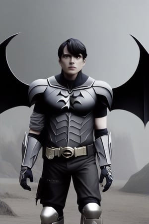 The animated version of Batman that belongs to the movie "Justice League x RWBY: Super Heroes & Huntsmen - Part 1" (He does have black hair, dark blue eyes, black pants, gray boots, gray metal knee pads, a gray breastplate with a black bat symbol on the front and underneath, a black long-sleeved t-shirt, black metal bat-shaped shoulder pads, gray armbands with 3 side blades on the sides, gloves blacks, a gray scarf, a gray utility belt and the age of 17), where Batman/Bruce Wayne is a "Bat Faunus" (Human being with two oversized black bat wings emerging from his back), in a landscape night.