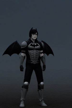 The animated version of Batman that belongs to the movie "Justice League x RWBY: Super Heroes & Huntsmen - Part 1" (He does have black hair, dark blue eyes, black pants, gray boots, gray metal knee pads, a gray breastplate with a black bat symbol on the front and underneath, a black long-sleeved t-shirt, black metal bat-shaped shoulder pads, gray armbands with 3 side blades on the sides, gloves blacks, a gray scarf, a gray utility belt and the age of 17), where Batman/Bruce Wayne is a "Bat Faunus" (Human being with two oversized black bat wings emerging from his back), in a landscape night.