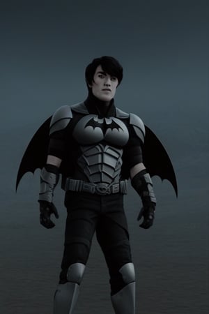 The animated version of Batman that belongs to the movie "Justice League x RWBY: Super Heroes & Huntsmen - Part 1" (He does have black hair, dark blue eyes, black pants, gray boots, gray metal knee pads, a gray breastplate with a black bat symbol on the front and underneath, a black long-sleeved t-shirt, black metal bat-shaped shoulder pads, gray armbands with 3 side blades on the sides, gloves blacks, a gray scarf, a gray utility belt and the age of 17), where Batman/Bruce Wayne is a "Bat Faunus" (Human being with two oversized black bat wings emerging from his back), in a landscape night.