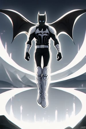 The animated version of Batman that belongs to the movie "Justice League x RWBY: Super Heroes & Huntsmen - Part 1" (He does have black hair, dark blue eyes, black pants, gray boots, gray metal knee pads, a gray breastplate with a black bat symbol on the front and underneath, a black long-sleeved t-shirt, black metal bat-shaped shoulder pads, gray armbands with 3 side blades on the sides, gloves blacks, a gray scarf, a gray utility belt and the age of 17), where Batman/Bruce Wayne is a "Bat Faunus" (Human being with two oversized black bat wings emerging from his back), in a landscape night with bats flying around.