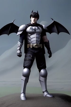 The animated version of Batman that belongs to the movie "Justice League x RWBY: Super Heroes & Huntsmen - Part 1" (He does have black hair, dark blue eyes, black pants, gray boots, gray metal knee pads, a gray breastplate with a black bat symbol on the front and underneath, a black long-sleeved t-shirt, black metal bat-shaped shoulder pads, gray armbands with 3 side blades on the sides, gloves blacks, a gray scarf, a gray utility belt and the age of 17), where Batman/Bruce Wayne is a "Bat Faunus" (Human being with two oversized black bat wings emerging from his back), in a landscape night.