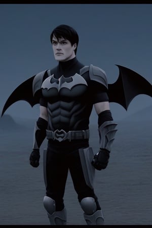 The animated version of Batman that belongs to the movie "Justice League x RWBY: Super Heroes & Huntsmen - Part 1" (He does have black hair, dark blue eyes, black pants, gray boots, gray metal knee pads, a gray breastplate with a black bat symbol on the front and underneath, a black long-sleeved t-shirt, black metal bat-shaped shoulder pads, gray armbands with 3 side blades on the sides, gloves blacks, a gray scarf, a gray utility belt and the age of 17), where Batman/Bruce Wayne is a "Bat Faunus" (Human being with two oversized black bat wings emerging from his back), in a landscape night.,Movie Still