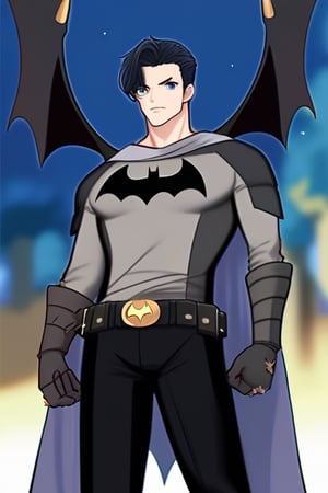 The animated version of Batman that belongs to the movie "Justice League x RWBY: Super Heroes & Huntsmen - Part 1" (He does have black hair, dark blue eyes, black pants, gray boots, gray metal knee pads, a gray breastplate with a black bat symbol on the front and underneath, a black long-sleeved t-shirt, black metal bat-shaped shoulder pads, gray armbands with 3 side blades on the sides, gloves blacks, a gray scarf, a gray utility belt and the age of 17), where Batman/Bruce Wayne is a "Bat Faunus" (Human being with two oversized black bat wings emerging from his back), in a landscape night.