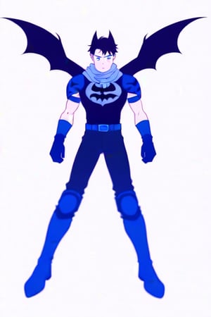 The animated version of Batman that belongs to the movie "Justice League x RWBY: Super Heroes & Huntsmen - Part 1" (He does have black hair, dark blue eyes, black pants, gray boots, gray metal knee pads, a gray breastplate with a black bat symbol on the front and underneath, a black long-sleeved t-shirt, black metal bat-shaped shoulder pads, gray armbands with 3 side blades on the sides, gloves blacks, a gray scarf, a gray utility belt and the age of 17), where Batman/Bruce Wayne is a "Bat Faunus" (Human being with two oversized black bat wings emerging from his back), in a landscape night with bats flying around.