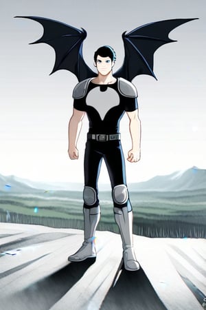 The animated version of Batman that belongs to the movie "Justice League x RWBY: Super Heroes & Huntsmen - Part 1" (He does have black hair, dark blue eyes, black pants, gray boots, gray metal knee pads, a gray breastplate with a black bat symbol on the front and underneath, a black long-sleeved t-shirt, black metal bat-shaped shoulder pads, gray armbands with 3 side blades on the sides, gloves blacks, a gray scarf, a gray utility belt and the age of 17), where Batman/Bruce Wayne is a "Bat Faunus" (Human being with two oversized black bat wings emerging from his back), in a landscape night with bats flying around.