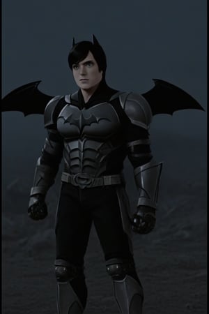 The animated version of Batman that belongs to the movie "Justice League x RWBY: Super Heroes & Huntsmen - Part 1" (He does have black hair, dark blue eyes, black pants, gray boots, gray metal knee pads, a gray breastplate with a black bat symbol on the front and underneath, a black long-sleeved t-shirt, black metal bat-shaped shoulder pads, gray armbands with 3 side blades on the sides, gloves blacks, a gray scarf, a gray utility belt and the age of 17), where Batman/Bruce Wayne is a "Bat Faunus" (Human being with two oversized black bat wings emerging from his back), in a landscape night.,Movie Still