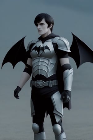 The animated version of Batman that belongs to the movie "Justice League x RWBY: Super Heroes & Huntsmen - Part 1" (He does have black hair, dark blue eyes, black pants, gray boots, gray metal knee pads, a gray breastplate with a black bat symbol on the front and underneath, a black long-sleeved t-shirt, black metal bat-shaped shoulder pads, gray armbands with 3 side blades on the sides, gloves blacks, a gray scarf, a gray utility belt and the age of 17), where Batman/Bruce Wayne is a "Bat Faunus" (Human being with two oversized black bat wings emerging from his back), in a landscape night.,Movie Still