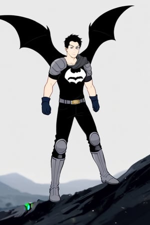 The animated version of Batman that belongs to the movie "Justice League x RWBY: Super Heroes & Huntsmen - Part 1" (He does have black hair, dark blue eyes, black pants, gray boots, gray metal knee pads, a gray breastplate with a black bat symbol on the front and underneath, a black long-sleeved t-shirt, black metal bat-shaped shoulder pads, gray armbands with 3 side blades on the sides, gloves blacks, a gray scarf, a gray utility belt and the age of 17), where Batman/Bruce Wayne is a "Bat Faunus" (Human being with two oversized black bat wings emerging from his back), in a landscape night with bats flying around.