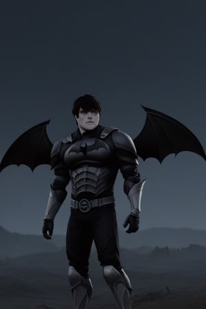 The animated version of Batman that belongs to the movie "Justice League x RWBY: Super Heroes & Huntsmen - Part 1" (He does have black hair, dark blue eyes, black pants, gray boots, gray metal knee pads, a gray breastplate with a black bat symbol on the front and underneath, a black long-sleeved t-shirt, black metal bat-shaped shoulder pads, gray armbands with 3 side blades on the sides, gloves blacks, a gray scarf, a gray utility belt and the age of 17), where Batman/Bruce Wayne is a "Bat Faunus" (Human being with two oversized black bat wings emerging from his back), in a landscape night.