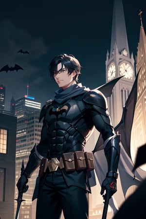 The animated version of Batman (Black hair, dark blue eyes, black pants, gray breastplate with a black bat symbol on the front side, bat-shaped shoulder pads, gray armbands with 3 blades on the sides, black gloves , gray scarf and a gray utility belt) which belongs to the movie "Justice League x RWBY: Super Heroes & Huntsmen - Part 1", in a night background, on the roof of a cathedral.
