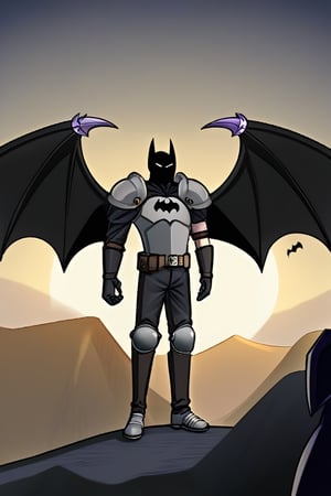 The animated version of Batman that belongs to the movie "Justice League x RWBY: Super Heroes & Huntsmen - Part 1" (He does have black hair, dark blue eyes, black pants, gray boots, gray metal knee pads, a gray breastplate with a black bat symbol on the front and underneath, a black long-sleeved t-shirt, black metal bat-shaped shoulder pads, gray armbands with 3 side blades on the sides, gloves blacks, a gray scarf, a gray utility belt and the age of 17), where Batman/Bruce Wayne is a "Bat Faunus" (Human being with two oversized black bat wings emerging from his back), in a landscape night.