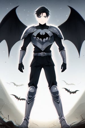 The animated version of Batman that belongs to the movie "Justice League x RWBY: Super Heroes & Huntsmen - Part 1" (He does have black hair, dark blue eyes, black pants, gray boots, gray metal knee pads, a gray breastplate with a black bat symbol on the front and underneath, a black long-sleeved t-shirt, black metal bat-shaped shoulder pads, gray armbands with 3 side blades on the sides, gloves blacks, a gray scarf, a gray utility belt and the age of 17), where Batman/Bruce Wayne is a "Bat Faunus" (Human being with two oversized black bat wings emerging from his back), in a landscape night with bats flying around.