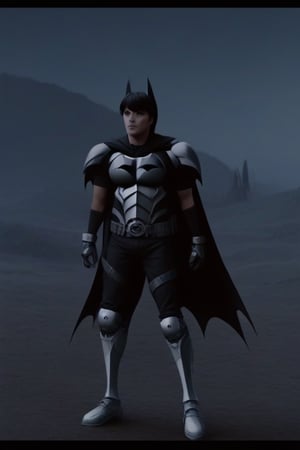 The animated version of Batman that belongs to the movie "Justice League x RWBY: Super Heroes & Huntsmen - Part 1" (He does have black hair, dark blue eyes, black pants, gray boots, gray metal knee pads, a gray breastplate with a black bat symbol on the front and underneath, a black long-sleeved t-shirt, black metal bat-shaped shoulder pads, gray armbands with 3 side blades on the sides, gloves blacks, a gray scarf, a gray utility belt and the age of 17), where Batman/Bruce Wayne is a "Bat Faunus" (Human being with two oversized black bat wings emerging from his back), in a landscape night.,Movie Still