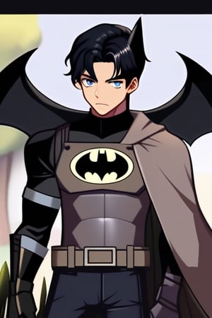 The animated version of Batman that belongs to the movie "Justice League x RWBY: Super Heroes & Huntsmen - Part 1" (He does have black hair, dark blue eyes, black pants, gray boots, gray metal knee pads, a gray breastplate with a black bat symbol on the front and underneath, a black long-sleeved t-shirt, black metal bat-shaped shoulder pads, gray armbands with 3 side blades on the sides, gloves blacks, a gray scarf, a gray utility belt and the age of 17), where Batman/Bruce Wayne is a "Bat Faunus" (Human being with two oversized black bat wings emerging from his back), in a landscape night.