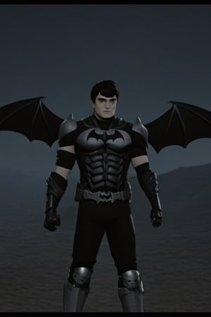 The animated version of Batman that belongs to the movie "Justice League x RWBY: Super Heroes & Huntsmen - Part 1" (He does have black hair, dark blue eyes, black pants, gray boots, gray metal knee pads, a gray breastplate with a black bat symbol on the front and underneath, a black long-sleeved t-shirt, black metal bat-shaped shoulder pads, gray armbands with 3 side blades on the sides, gloves blacks, a gray scarf, a gray utility belt and the age of 17), where Batman/Bruce Wayne is a "Bat Faunus" (Human being with two oversized black bat wings emerging from his back), in a landscape night.,Movie Still