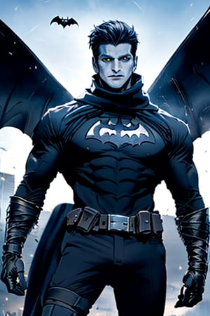 The animated version of Batman that belongs to the movie "Justice League x RWBY: Super Heroes & Huntsmen - Part 1" (He does have black hair, dark blue eyes, black pants, gray boots, gray metal knee pads, a gray breastplate with a black bat symbol on the front and underneath, a black long-sleeved t-shirt, black metal bat-shaped shoulder pads, gray armbands with 3 side blades on the sides, gloves blacks, a gray scarf, a gray utility belt and the age of 17), where Batman/Bruce Wayne is a "Bat Faunus" (Human being with two oversized black bat wings emerging from his back), in a landscape night with bats flying around,