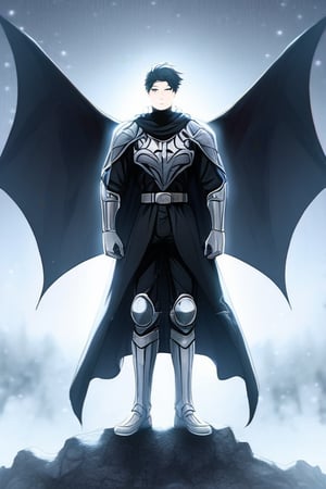 The animated version of Batman that belongs to the movie "Justice League x RWBY: Super Heroes & Huntsmen - Part 1" (He does have black hair, dark blue eyes, black pants, gray boots, gray metal knee pads, a gray breastplate with a black bat symbol on the front and underneath, a black long-sleeved t-shirt, black metal bat-shaped shoulder pads, gray armbands with 3 side blades on the sides, gloves blacks, a gray scarf, a gray utility belt and the age of 17), where Batman/Bruce Wayne is a "Bat Faunus" (Human being with two oversized black bat wings emerging from his back), in a landscape night with bats flying around.