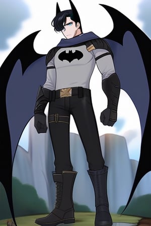 The animated version of Batman that belongs to the movie "Justice League x RWBY: Super Heroes & Huntsmen - Part 1" (He does have black hair, dark blue eyes, black pants, gray boots, gray metal knee pads, a gray breastplate with a black bat symbol on the front and underneath, a black long-sleeved t-shirt, black metal bat-shaped shoulder pads, gray armbands with 3 side blades on the sides, gloves blacks, a gray scarf, a gray utility belt and the age of 17), where Batman/Bruce Wayne is a "Bat Faunus" (Human being with two oversized black bat wings emerging from his back), in a landscape night.