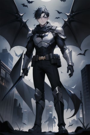 The animated version of Batman that belongs to the movie "Justice League x RWBY: Super Heroes & Huntsmen - Part 1" (He has black hair, dark blue eyes, black pants, gray boots with metal armor along them up to the knees, a gray breastplate with a black bat symbol on the chest and underneath, a black long-sleeved t-shirt, black metal bat-shaped shoulder pads, gray armbands with 3 side blades on the sides, black gloves, a gray scarf, a gray utility belt, 2 rapier type swords and the age of 17), where Batman/Bruce Wayne is a "Bat Faunus" (Human being with two huge black bat wings emerging from his back), in a landscape night with bats flying around.