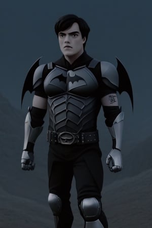 The animated version of Batman that belongs to the movie "Justice League x RWBY: Super Heroes & Huntsmen - Part 1" (He does have black hair, dark blue eyes, black pants, gray boots, gray metal knee pads, a gray breastplate with a black bat symbol on the front and underneath, a black long-sleeved t-shirt, black metal bat-shaped shoulder pads, gray armbands with 3 side blades on the sides, gloves blacks, a gray scarf, a gray utility belt and the age of 17), where Batman/Bruce Wayne is a "Bat Faunus" (Human being with two oversized black bat wings emerging from his back), in a landscape night.,Movie Still